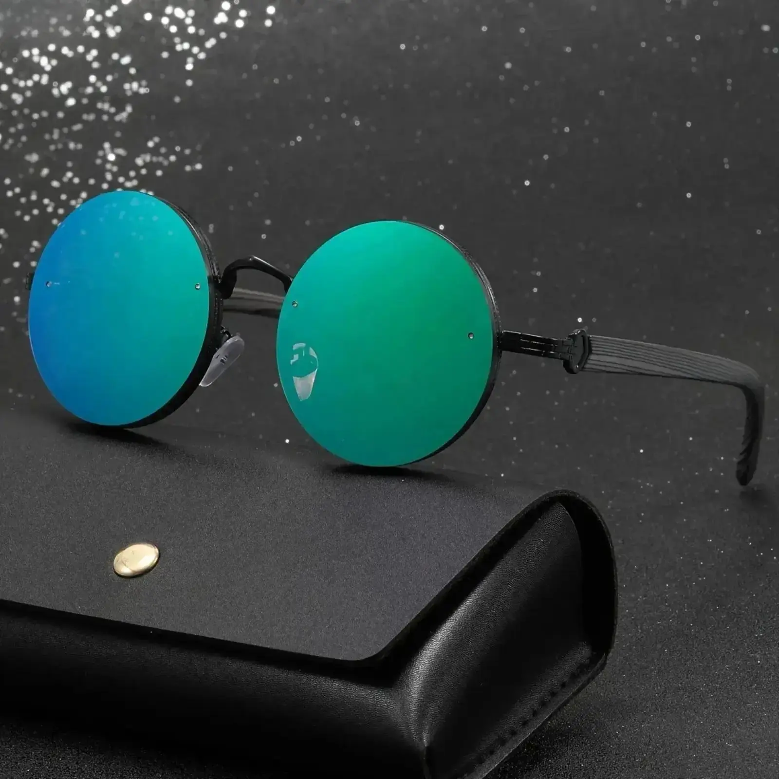 Unisex Retro Round Polarized Sunglasses - Full-Rim Metal Frame, Faux Wood Grain Resin Temples, UV400 Protection Polarised Lens for Driving, Men's Polarized Sunglasses