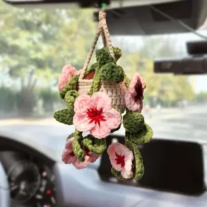 Cute Handmade Crochet Cherry Blossom Hanging Plant Aesthetic Car Rear View Mirror Hanging Ornament Interior Decor Gift for Women Men