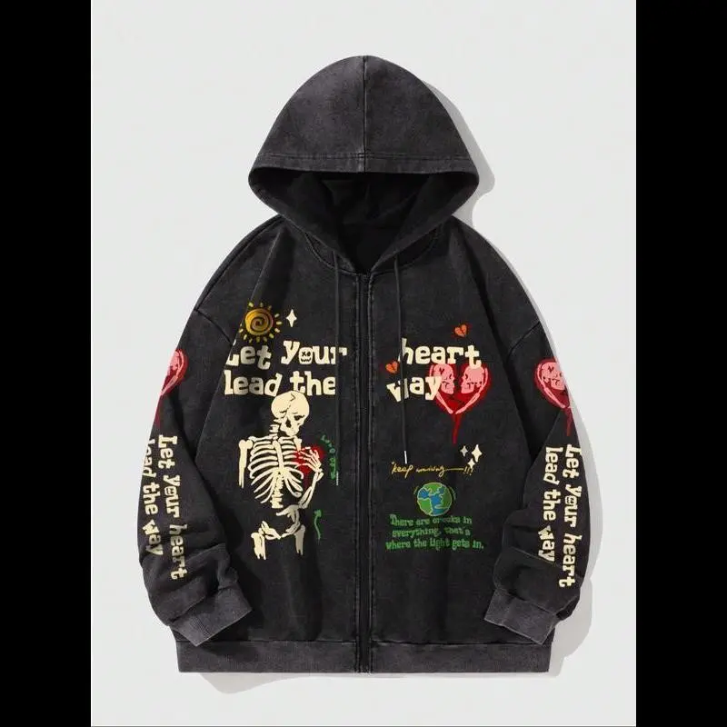 Men's Graphic Letter Print Zipper Hoodie, Casual Fitted Long Sleeve Sweatshirt, Fall & Winter Fashion, Daily Wear Top