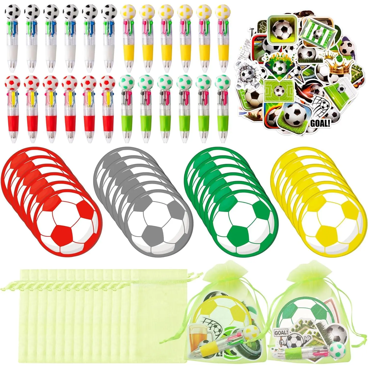 Soccer Stationery Party  - 12 Pack  Stuffers Soccer 4-in-1 Ballpoint Pen Sticky Note Sticker and Organza for boy , Summer  Party Favor Goodie Bag Fillers  to School