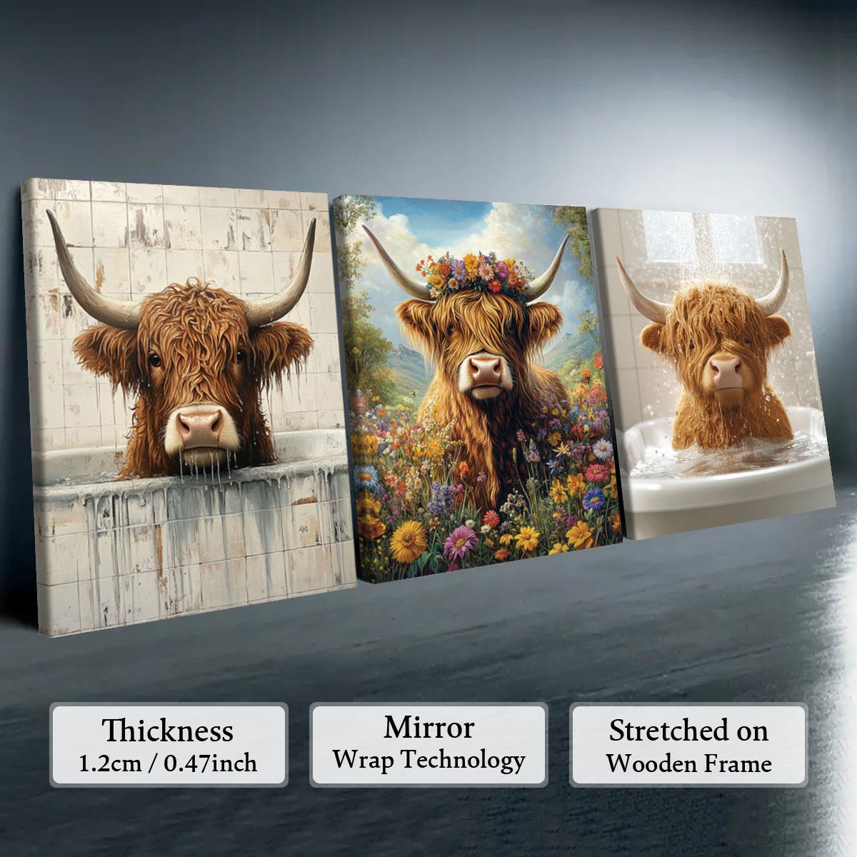 Highland Cow Pattern Canvas Framed Painting, 3 Counts Modern Wall Art Painting, Wall Art Decor for Home Interior Living Room Bedroom Office, Ornaments, Indoor Decoration #TOP PICKS