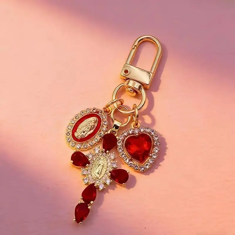 Women's Gold Glitter Rhinestone Cross Keychain - Catholic Christian Religious Symbol, Cross Motif Decorative Charms Keychains, Elegant Fashion Bag Charms, Holiday Gift for Purse or Car Use