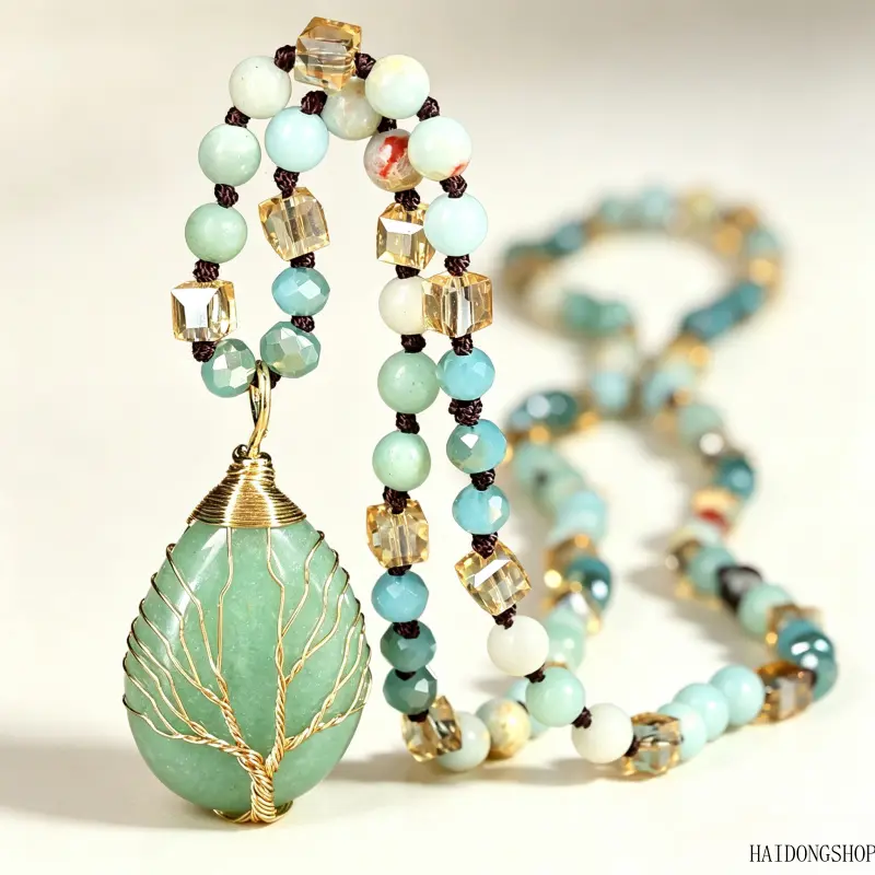 Boho Viral Quiet Luxury Natural Amethyst Teardrop Tree of Life Sweater Necklace For Women, Artisan Hand Knotted Long Layering Neck Jewelry, Spiritual Accessory For Travel Shopping Cold Season Outfit Styling