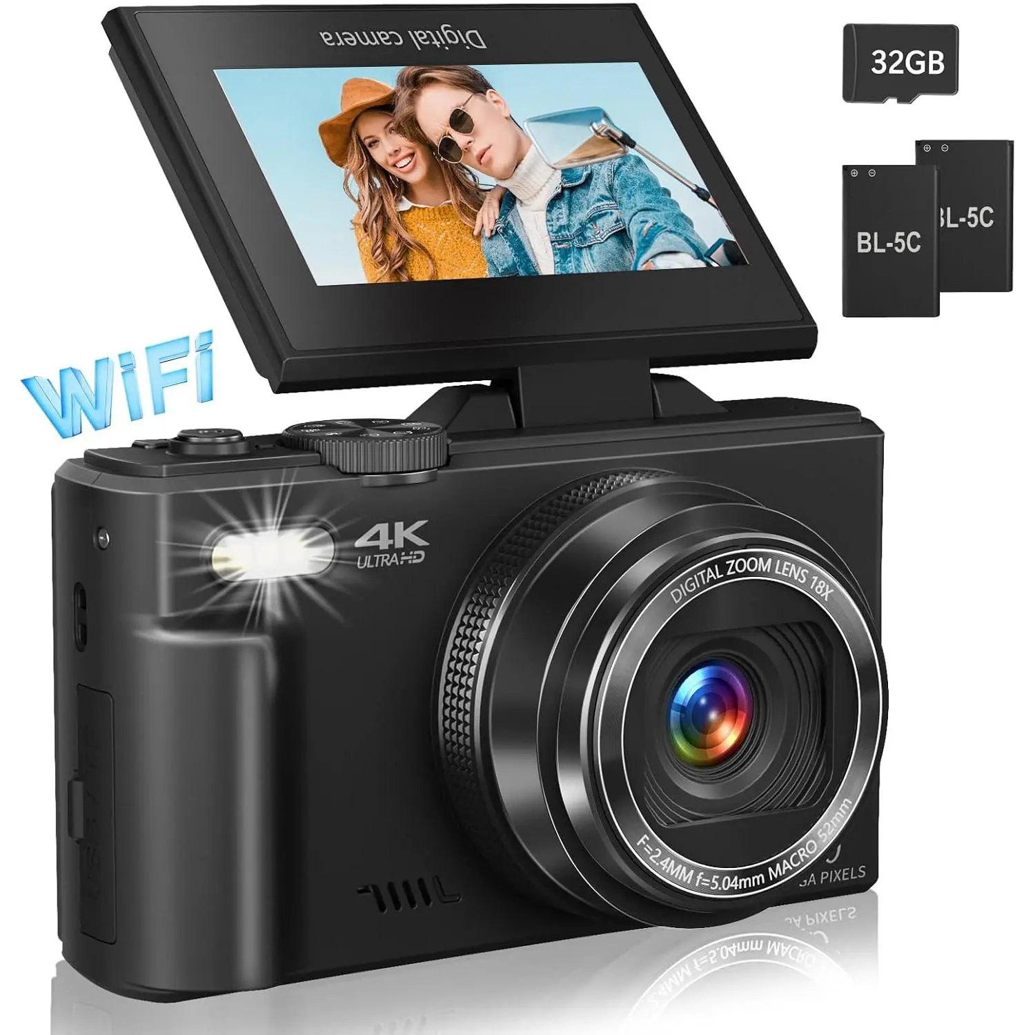 Digital Camera for Photography, 4K Vlogging Camera for YouTube 3" 180° Flip Screen 18X Digital Zoom Compact Retro Cameras with 32GB TF Card & 2 , Black
