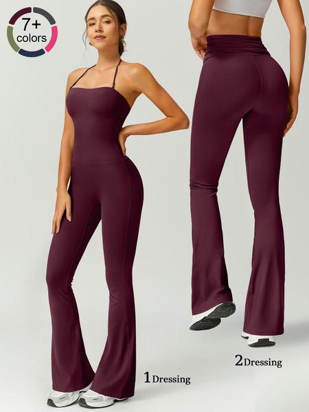 Women's Solid Color Flare Leg Sports Jumpsuit, Casual Comfy Breathable Jumpsuit for Yoga Gym Workout, Ladies Sportswear for Summer, Sporty Jumpsuit