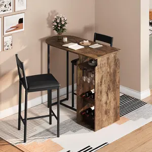 GARVEEBar Table and Chairs for 2, Dining Room Table with Double Tier Wine Rack and Glasses Hanging, Brown Textured and 2 Pu Leather Upholstered Seats, Modern Dining Set for Home & Office