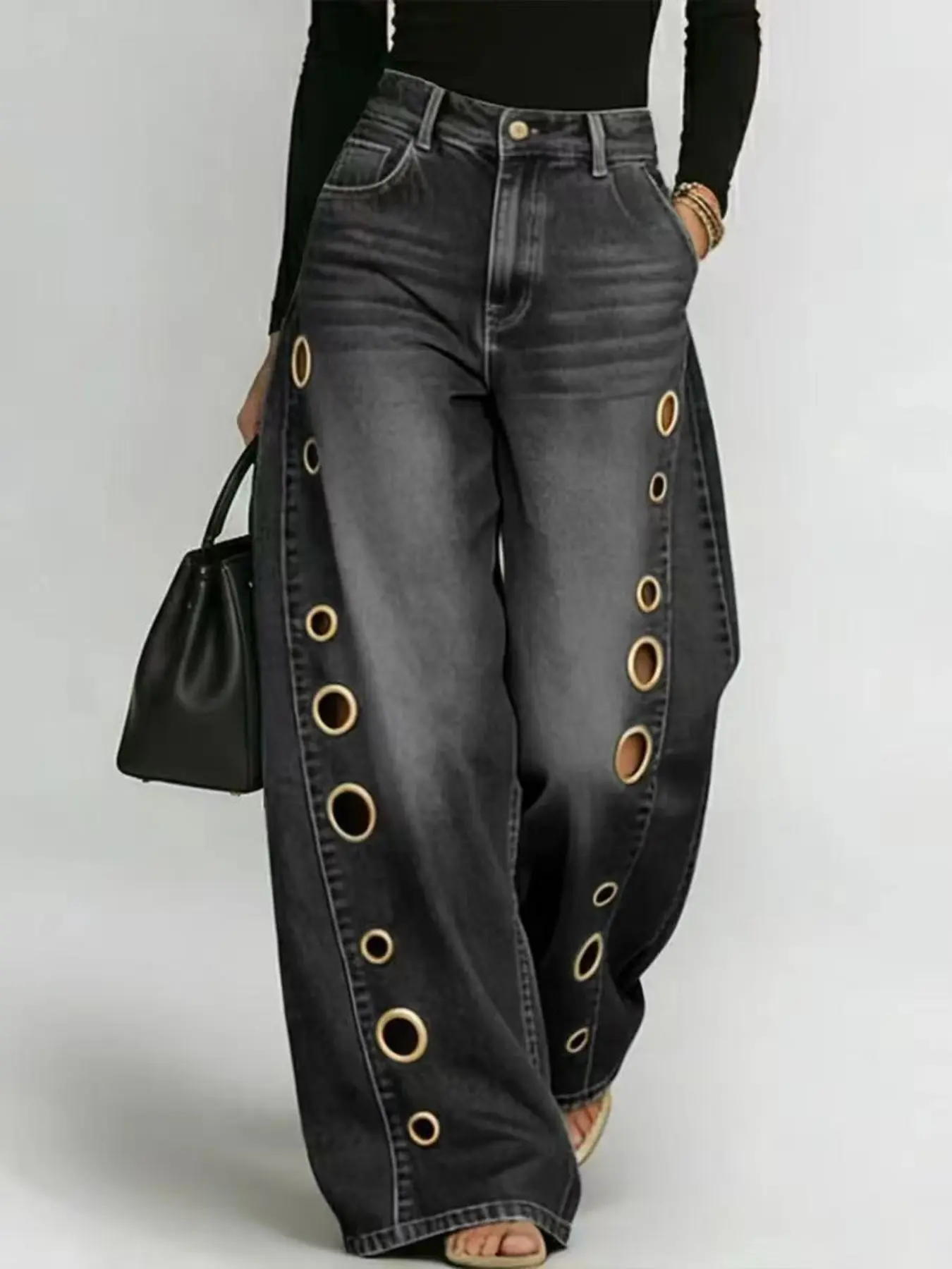 Women's Wide Leg Loose Jeans with Metal Rings, Mid Waist Elastic Long Pants, Sexy Style, All Seasons, Plain Surface, Unlined
