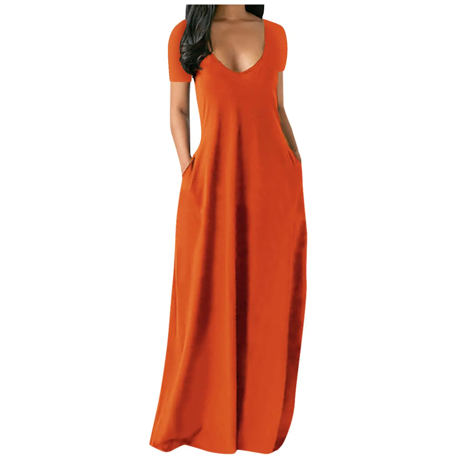 Women's Coffee Color Long Nightgown, Casual Fitted Large Round Neck Short Sleeve Sleep Dress with Side Pockets, Soft Breathable Fabric, Versatile All-Season Loungewear & Sleepwear Womenswear Basic