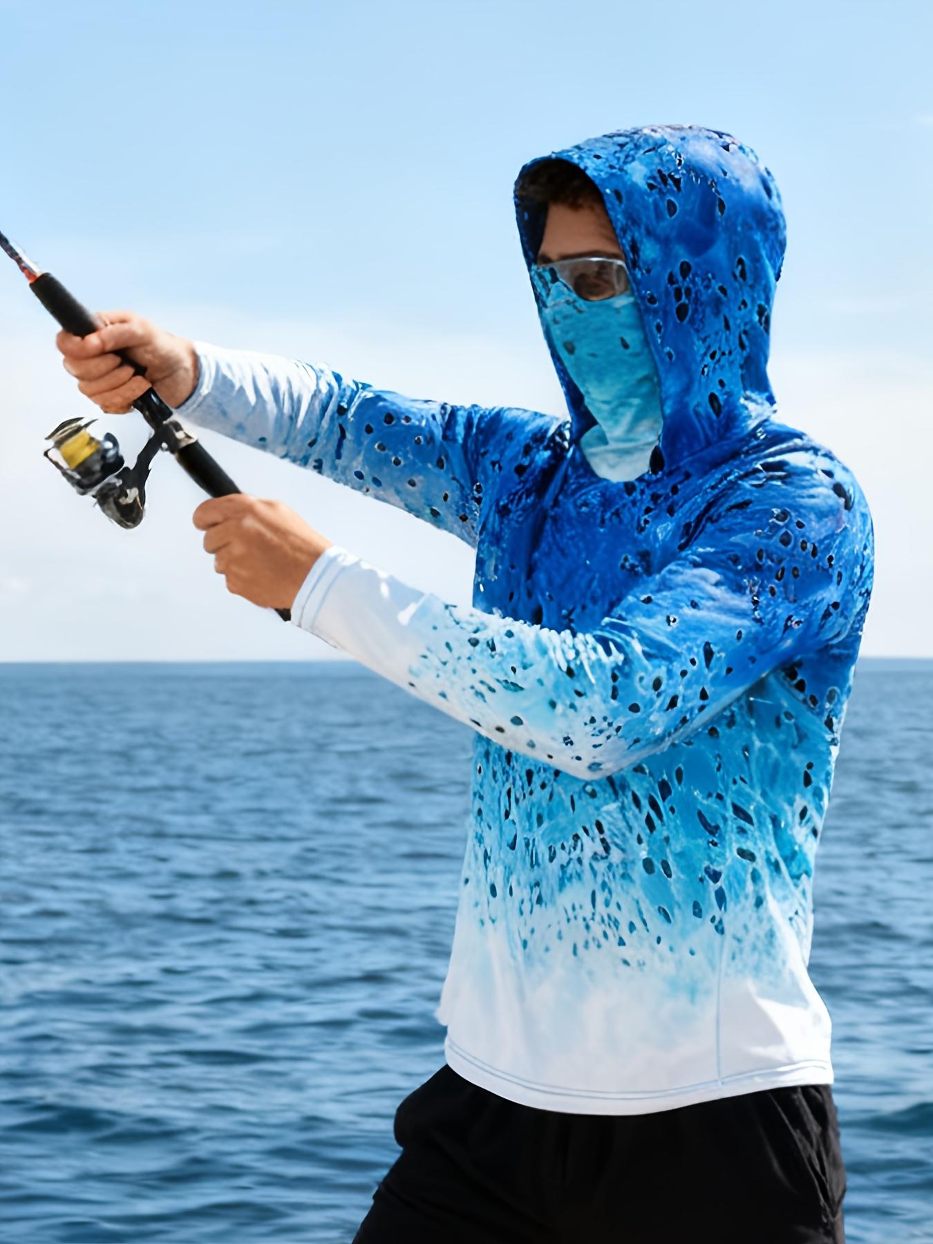 Men's summer sports fishing hoodie, sun protection neck gaiter, moisture-wicking long-sleeve sweatshirt, 92% polyester + 8% spandex knit fabric, regular fit, printed fishing top for casual weekend wear
