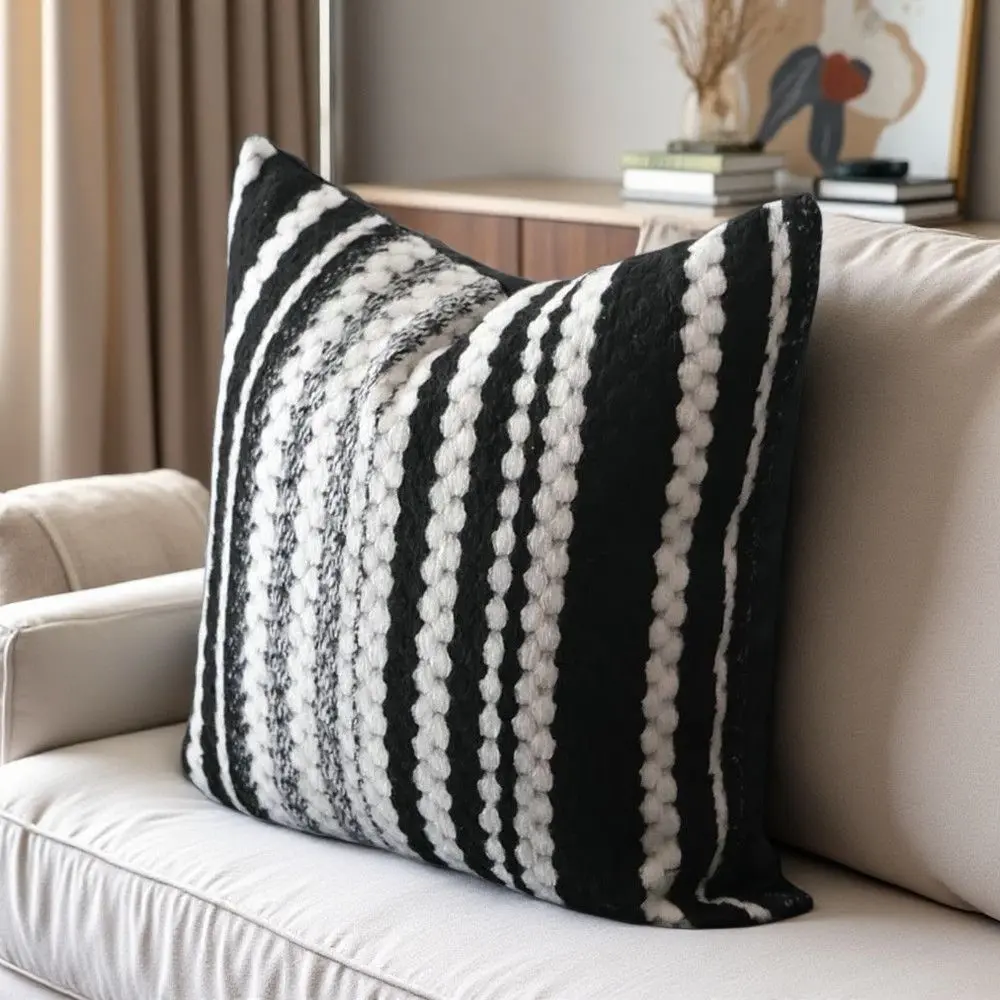Chenille Vertical Striped Throw Pillow Covers, Boho 3D Raised Textured Woven Cushion Covers, Black White Farmhouse Decor Pillowcase for Couch Sofa Bed Living Room Home Decor, Pillow Inserts Are Not Included