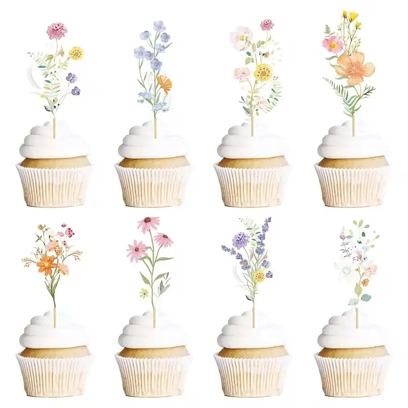24pcs Flower Birthday Cupcake Toppers Decorations Wildflower Baby in Bloom Baby Shower Cake Decorations for Women, Garden Floral Fairy Party Decor, Halloween, Christmas