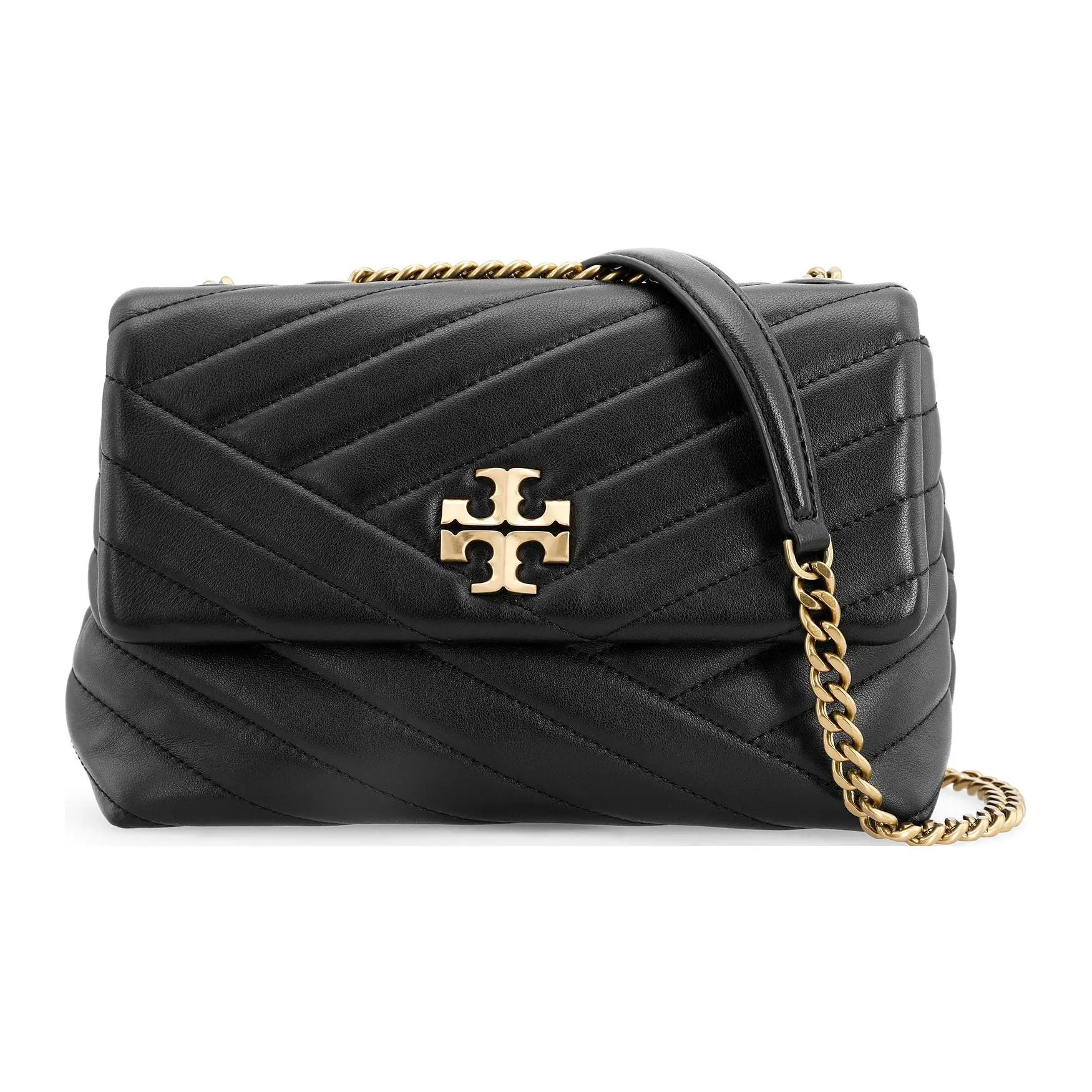 Tory Burch Kira Crossbody Bag for Women – Suede Leather with Hammered Brass Double-T Logo, Small, Black