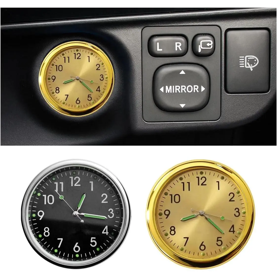 2PCS Car Mini Clock, Car Luminous Clock with Adhesive, Car Air Vent Clip Quartz Clocks, Car Dashboard Clocks, Universal Car Watch Accessories Home Boat Truck SUV Car (Black+Gold)