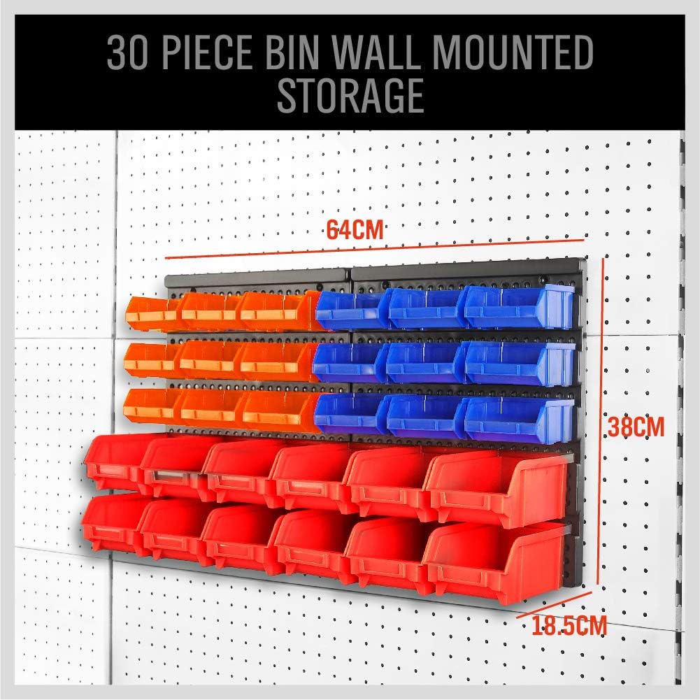 30-Bin Wall-Mounted Storage Rack System - Heavy-Duty Garage Tool Organizer for Screws, Nuts, , Nails, Beads, and Small Hardware Parts - Easy Installation and Customizable Red Blue Orange