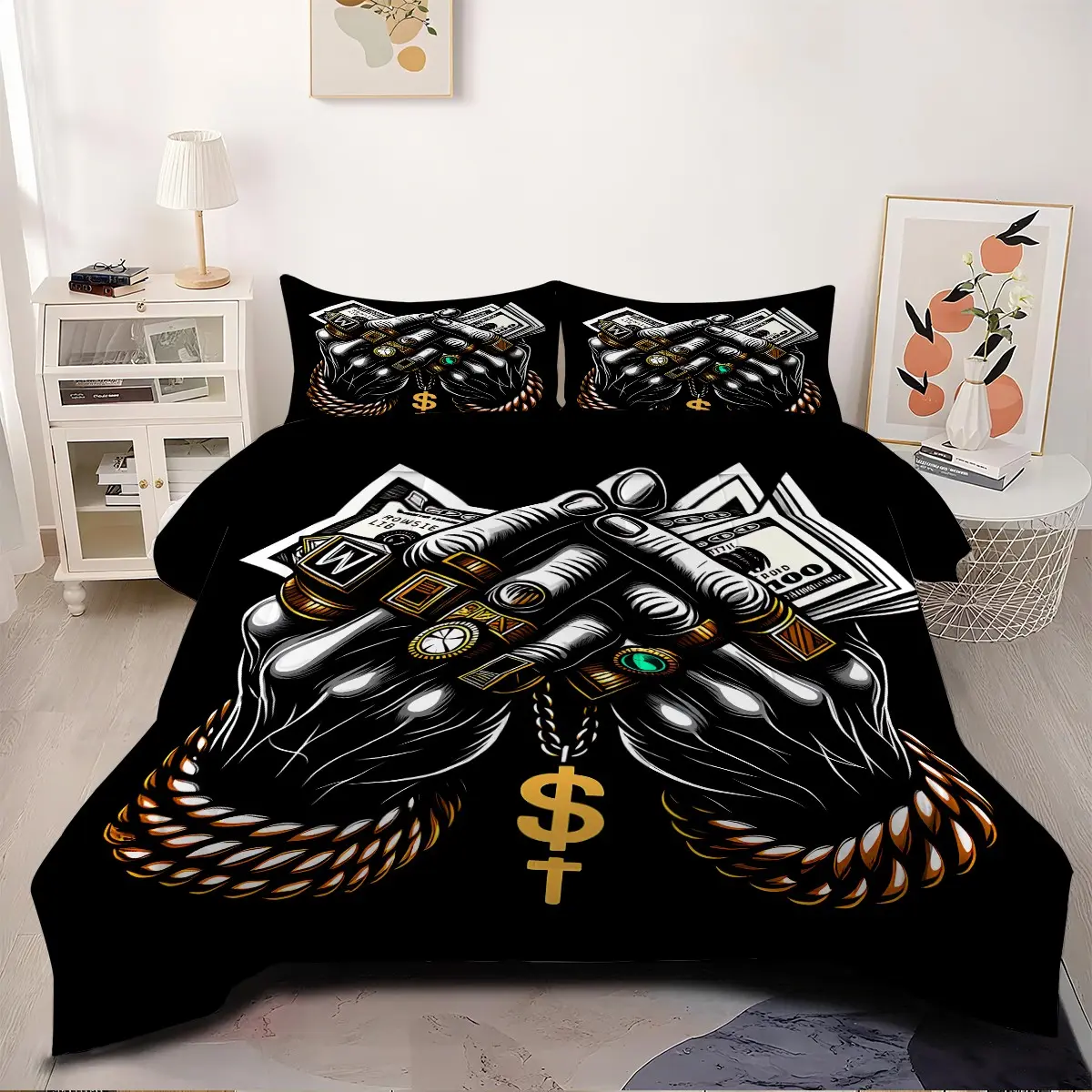 2/3Pcs Dollar Ring Hands Print Comforter Set, Hip Hop Bedding Set, Soft Quilted Quilt, Rich Hustle Urban Rap Aesthetic Bedroom Decor, Gift for Hip Hop & Street Culture Fans. 1 or 2 Pillowcase, No Filling