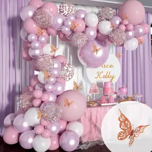 Butterfly Baby Shower Decorations 13ft Pink Balloon Arch Kit with Butterfly Stickers, Lilac Purple Metallic Rose Gold Confetti Balloons for Birthday Decorations Girl 18 In 12 In 10 In 5 In