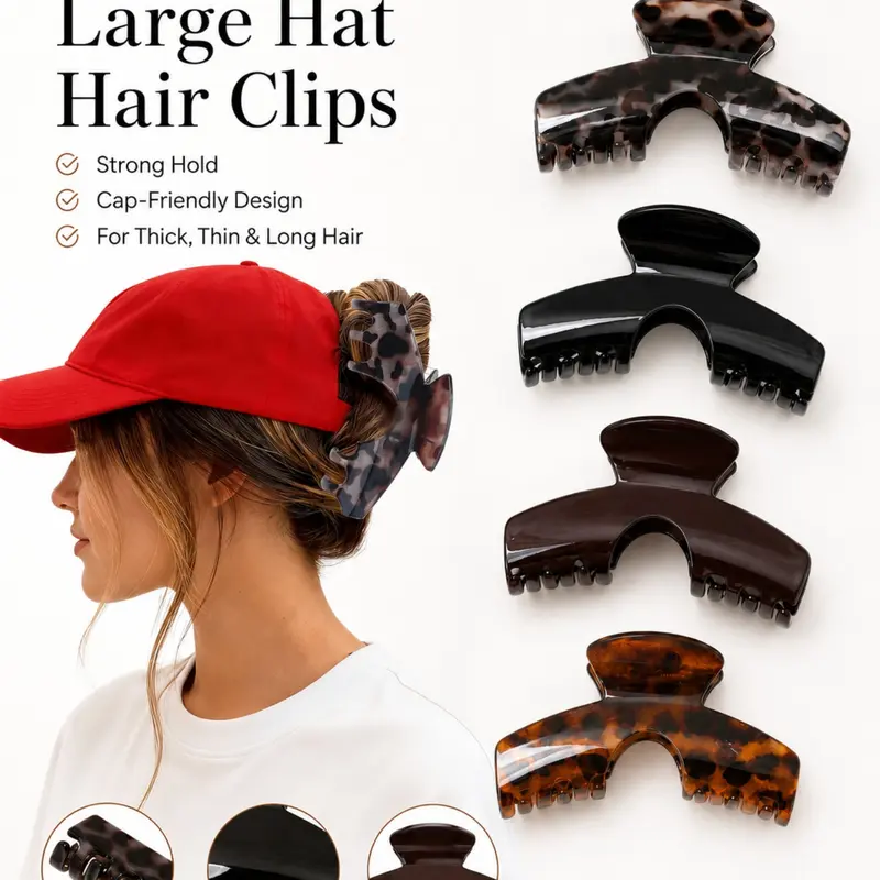 4PCS Large Hair Clips for Hat, Baseball Hair Claw Clips for Women, Large Trucker Claw Clip, Non-Slip Hold Hair Clips, Hair Claws Set, Claw Clip Pack, evenly spaced teeth grip firmly, without pulling or damaging, Fit for Long Thick Hair Styling