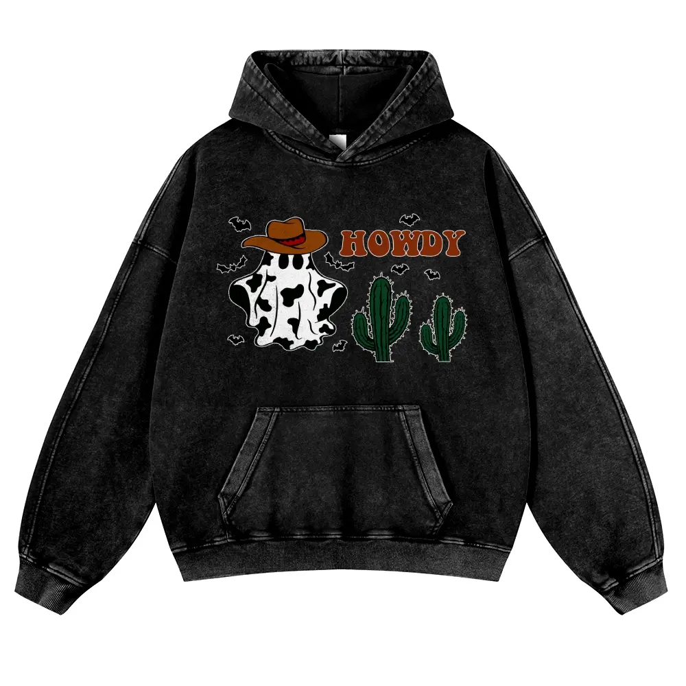Unisex Oversized Retro Acid Wash Hoodie - Country Cow Print Howdy Ghost Graphic, Cotton Fabric, Casual Fit, Western Halloween Streetwear Top (Pair with Jeans), Spring