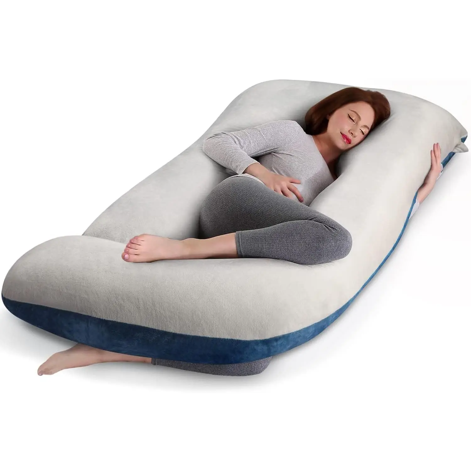 U-Shape Maternity Body Pillow for Pregnant Women - 55in Supportive Cushion with Adjustable Fill, Removable Washable Velvet Cover for Back, Hips Relief