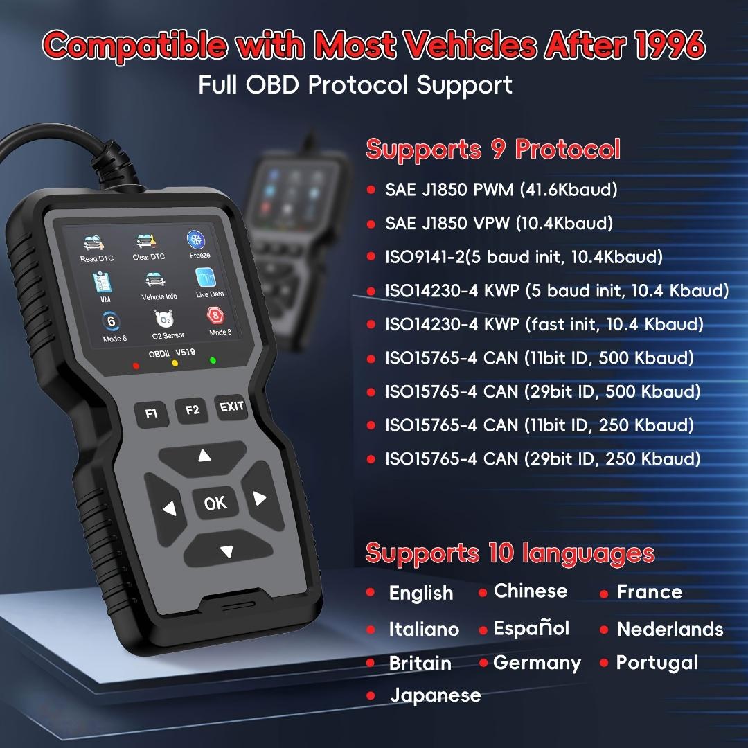 Professional Obd2 Diagnostic Scanner Tool, Car Diagnostic Scanner, Vehicle Diagnostic Tool, USB Powered, Engine Fault Detector, Code Reader, Battery Tester, 10 Languages Supported
