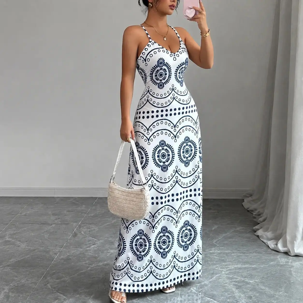 Women's Elegant V-Neck Spaghetti Strap Ethnic Print Boho Summer Dress - Feminine Casual Outfit for Daily Life, Parties