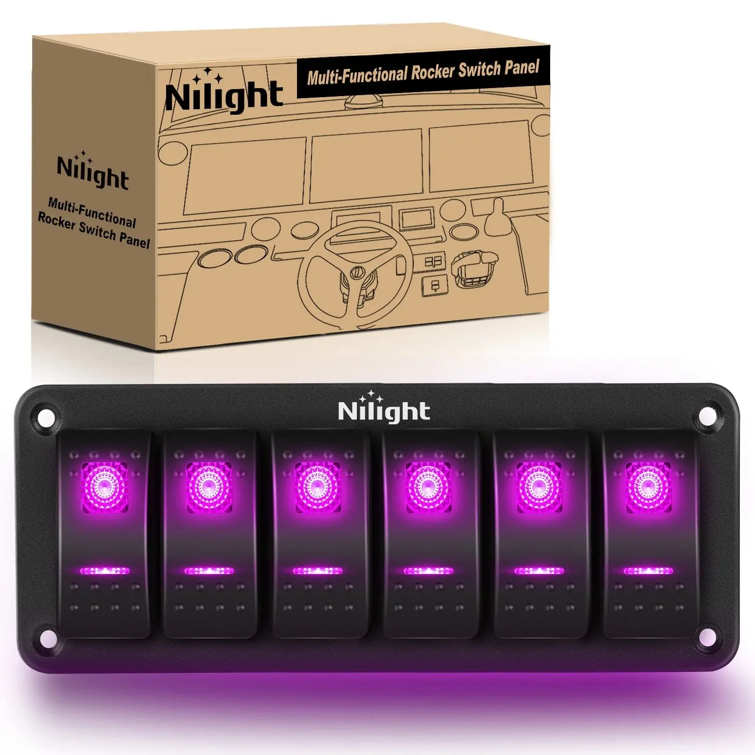 Nilight 6-Gang Aluminum 5-Pin ON/OFF Rocker Switch Panel, Purple - Ideal for Motorcycle, Yacht, ATV, Ship, Compatible with DIY Stickers