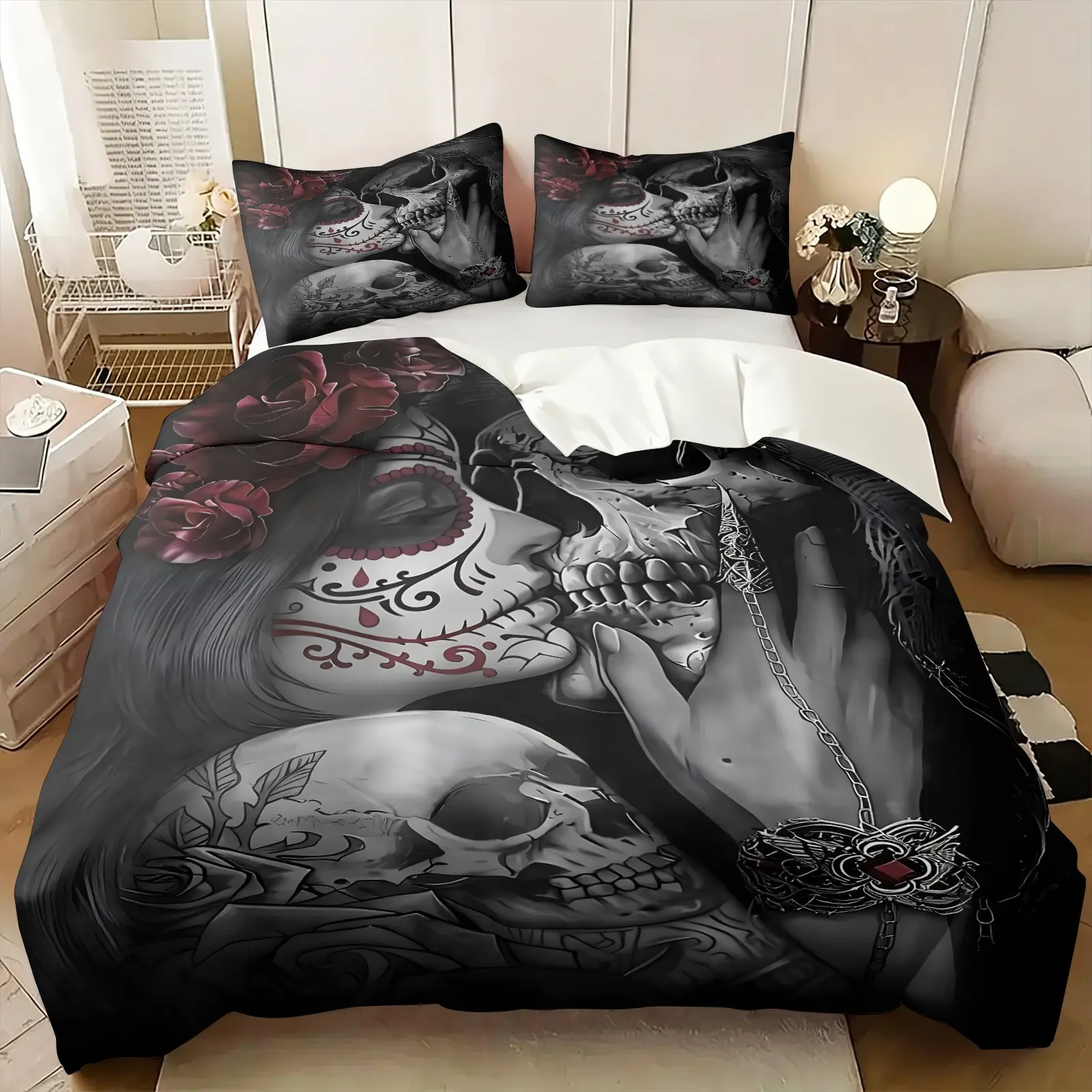 3PCS Gothic Day of The Dead Sugar Skull Duvet Cover Set (1 Duvet Cover + 1-2 Pillowcases), Soft Cozy Skin-Friendly Breathable All Season Bedding, Twin Full Queen Sizes for Dark Tattoo Art Bedroom Decor