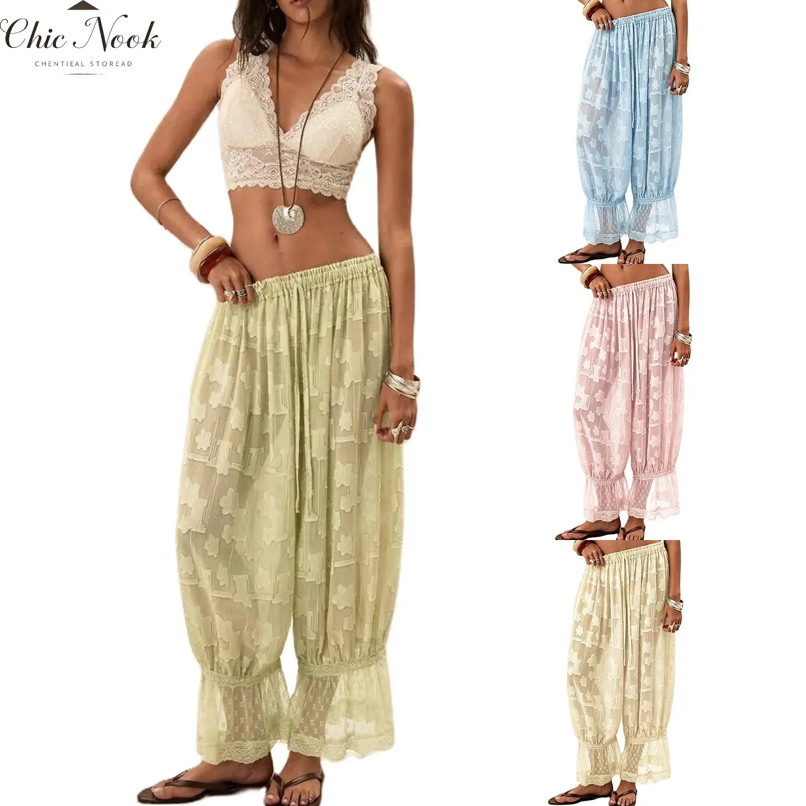 Women’s Ruffle Long Bloomers Cropped Flared Capri Pants Lace Trim Pettipants Pantaloons Wide Leg Bottoms
