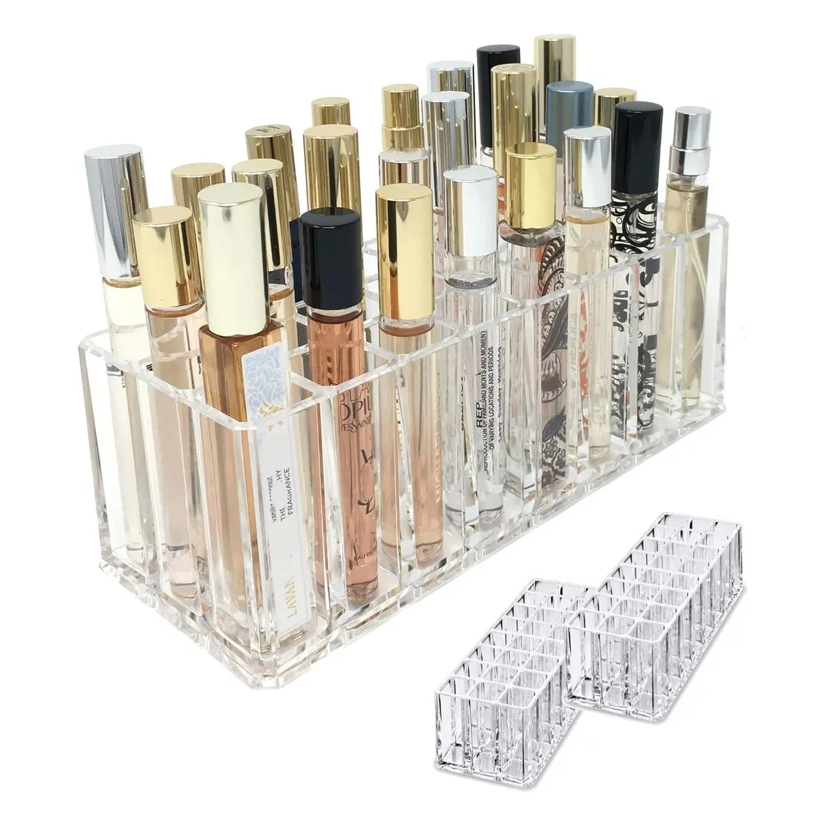Tall Rectangular Acrylic Rollerball Perfume Organizer - 24-Space Beauty Scent Holder, Refillable Scented Oil Storage Racks & Shelf for Vanity Countertop