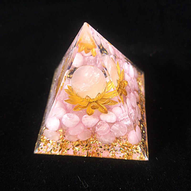 Orgonite Pyramid with Natural Crystal Chips, Pink Quartz Energy Generator for Home Decor, Spiritual Healing Ornament