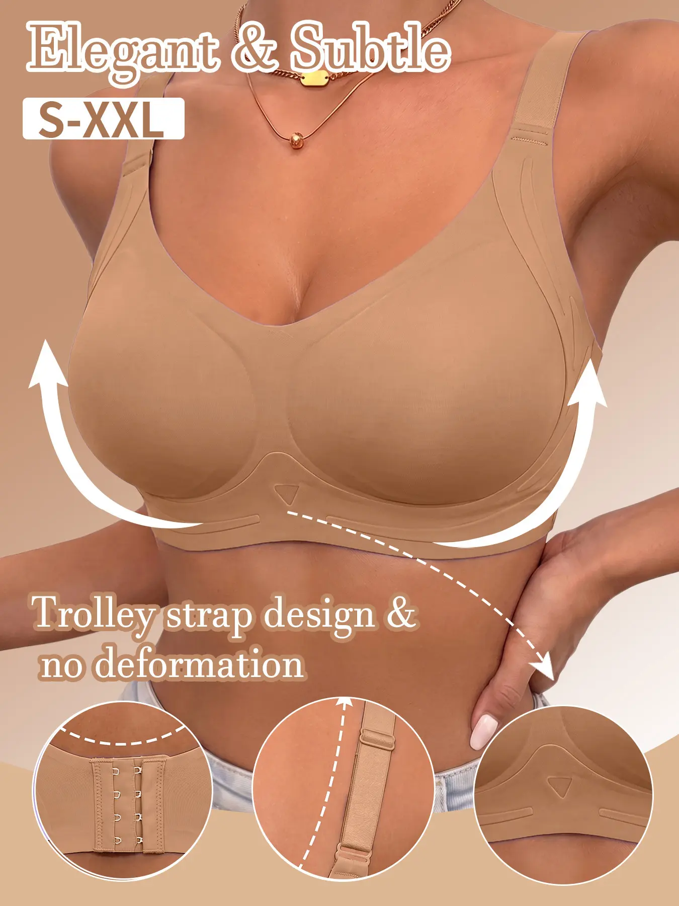 Women's underring-free bra for everyday wear Traceless comfortable breathable gathered up chest, closed breast wide straps adjustable seamless outdoor sports fitness