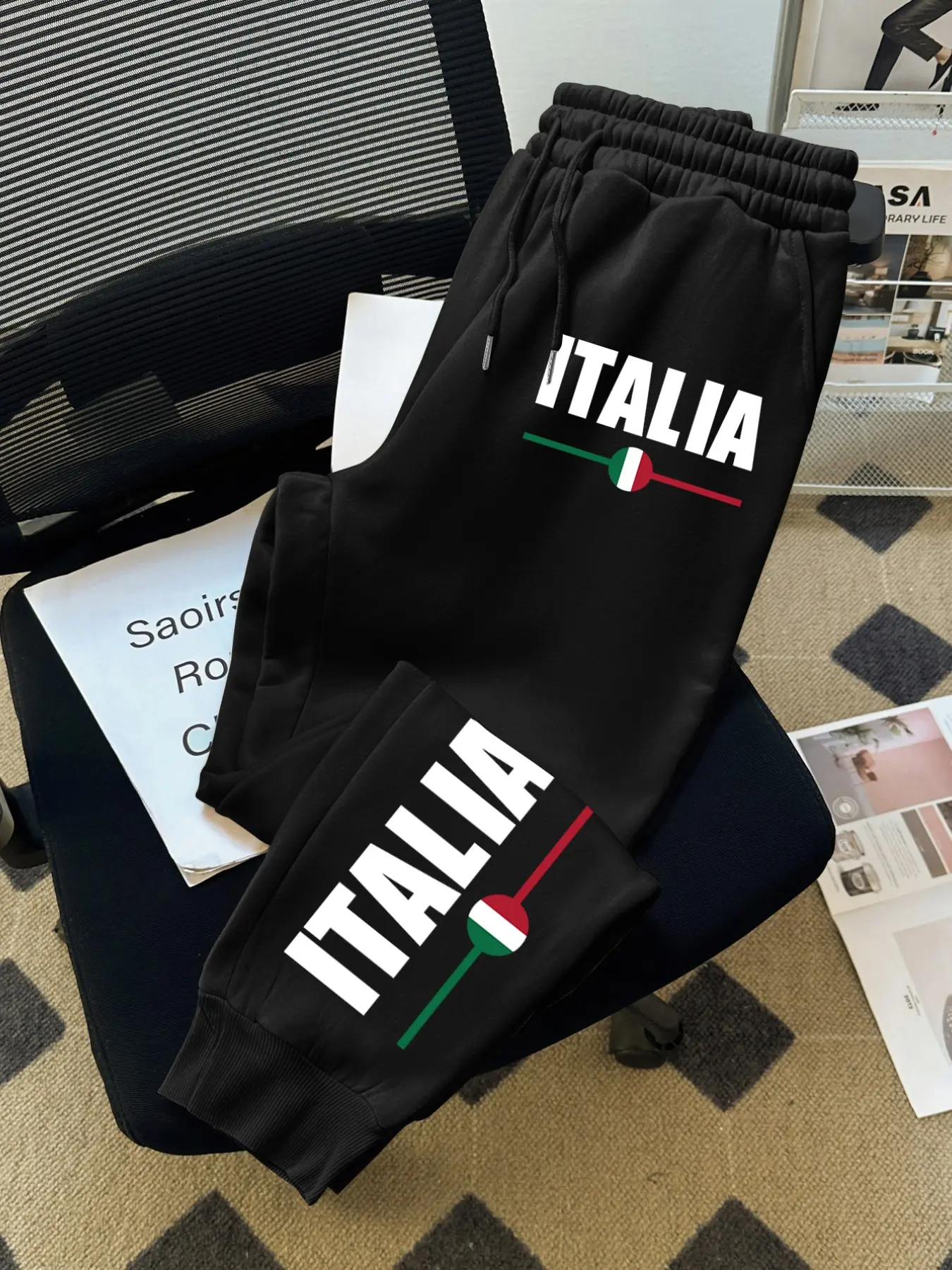 Men's Waist Drawstring Sport Pants, Italian Theme Print, Comfortable Slim Fit, Versatile Athletic Wear for Fall & Winter