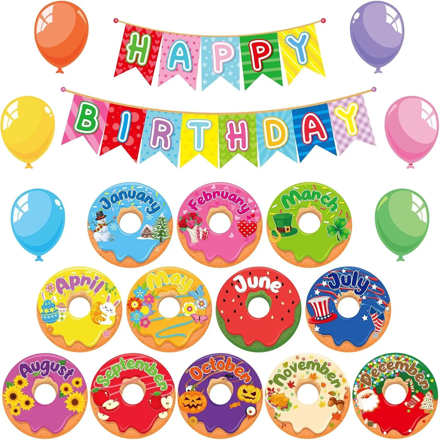 Donut Happy Birthday Bulletin Board Set Donut Holiday Board Sign Let's Celebrate Happy Birthday Balloon Donut Accents Cutouts for Calendars Festival Wall Decor