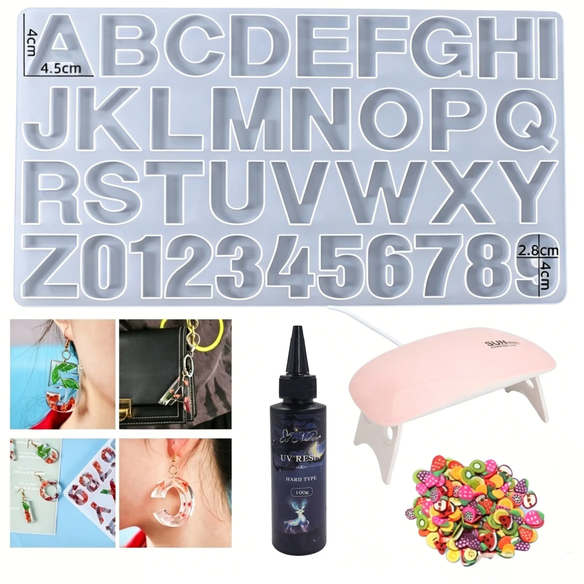 UV Resin Letter Number Jewelry Kit, 100g Anti-Yellow Clear UV Epoxy Resin with Mini UV Light, Alphabet Number Silicone Mold for DIY Custom Earrings Keychains