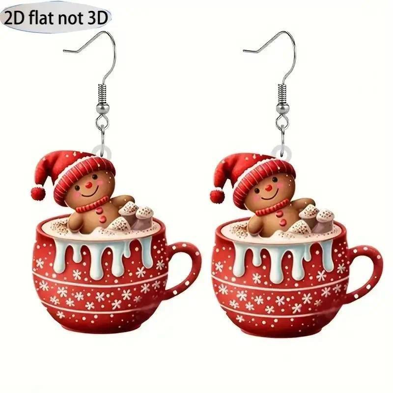 2D Flat Cute Milk Tea Cup Gingerbread Man‌ Acrylic Earrings Winter Atmosphere Earrings Christmas and New Year Gift Accessories