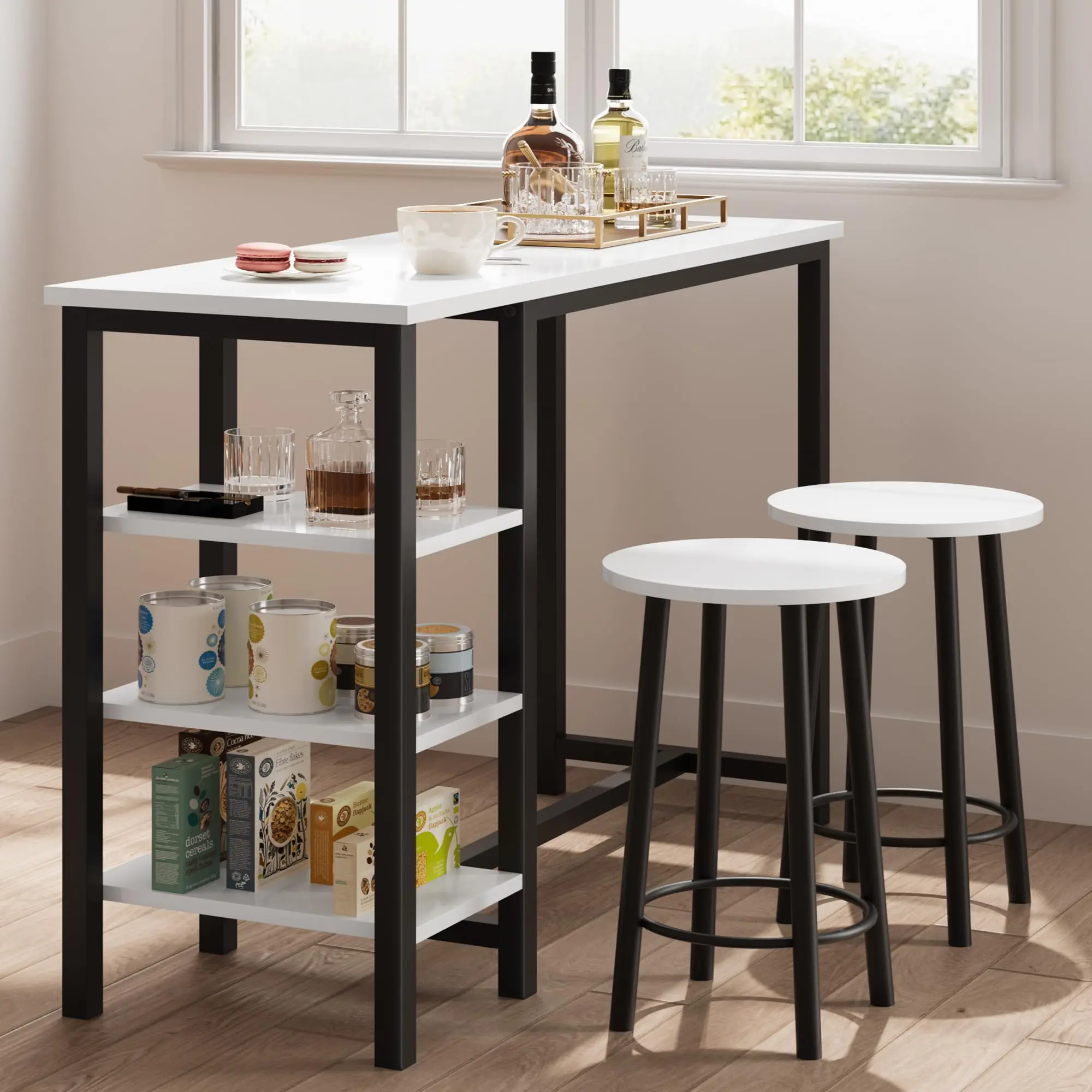 GARVEECounter Height Dining Table Set + 3 Storage Shelves + Sturdy MDF & Metal + Space-Saving + Easy Assembly + Small Spaces