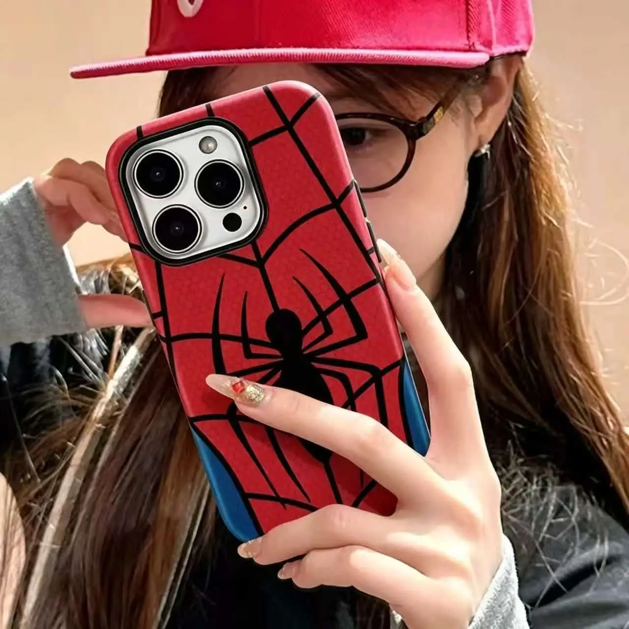 Glossy Shockproof Dual-Layer Hard Phone Case with Stylish Red & Blue Spider Design for iPhone 17/16/15/14 Plus/13 Pro Max - Mobile Phone Accessories, Iphone 16
