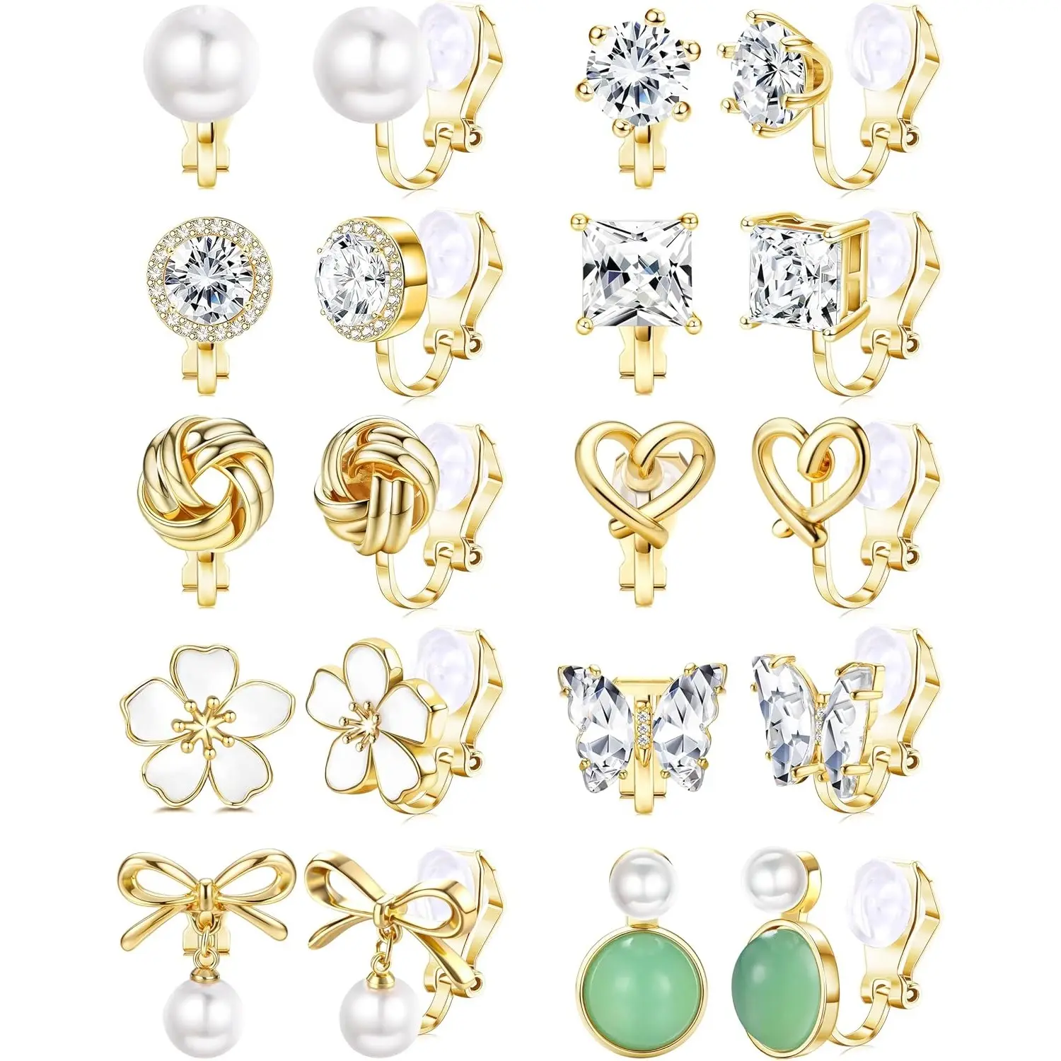 Gold‑Tone Clip On Earring Set for Women, Comfortable Non‑Pierced Hypoallergenic Fake Stud Earrings, Pearl CZ Twist Heart Flower Butterfly Design Fashion Jewelry for Non Pierced Ears