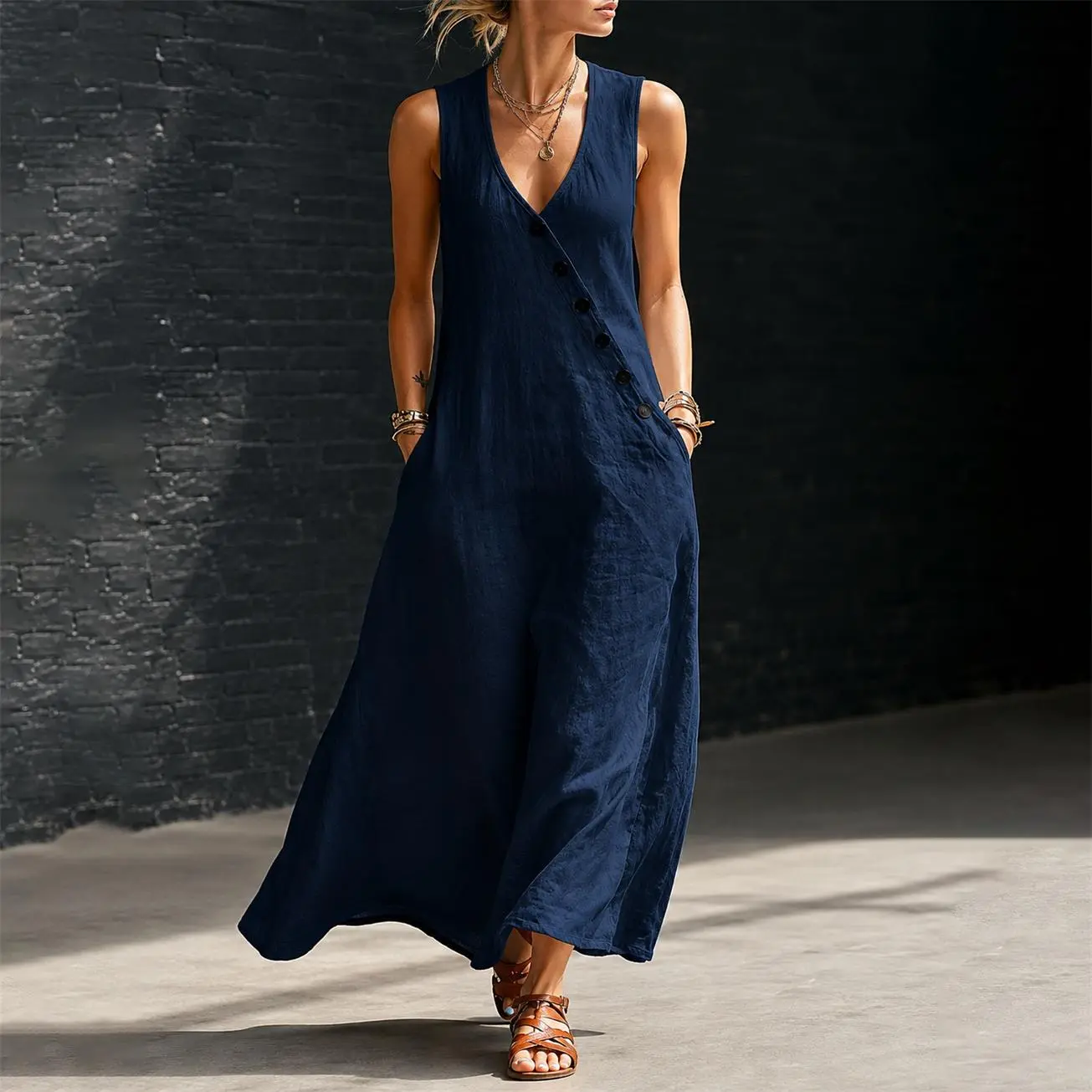 Women’s V Neck Sleeveless Wide Leg Jumpsuit, Button Front Loose Fit One Piece Romper with Pockets, Lightweight Casual Summer Vacation Outfit