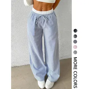 Women's Striped & Patchwork Print 2-in-1 Drawstring Waist Wide Leg Pants, Casual Elastic Pocket Trousers for Spring & Fall, Fashion Bottoms Daily Wear, Loungewear, Stylish, Modern, Sweatpants, Breathable