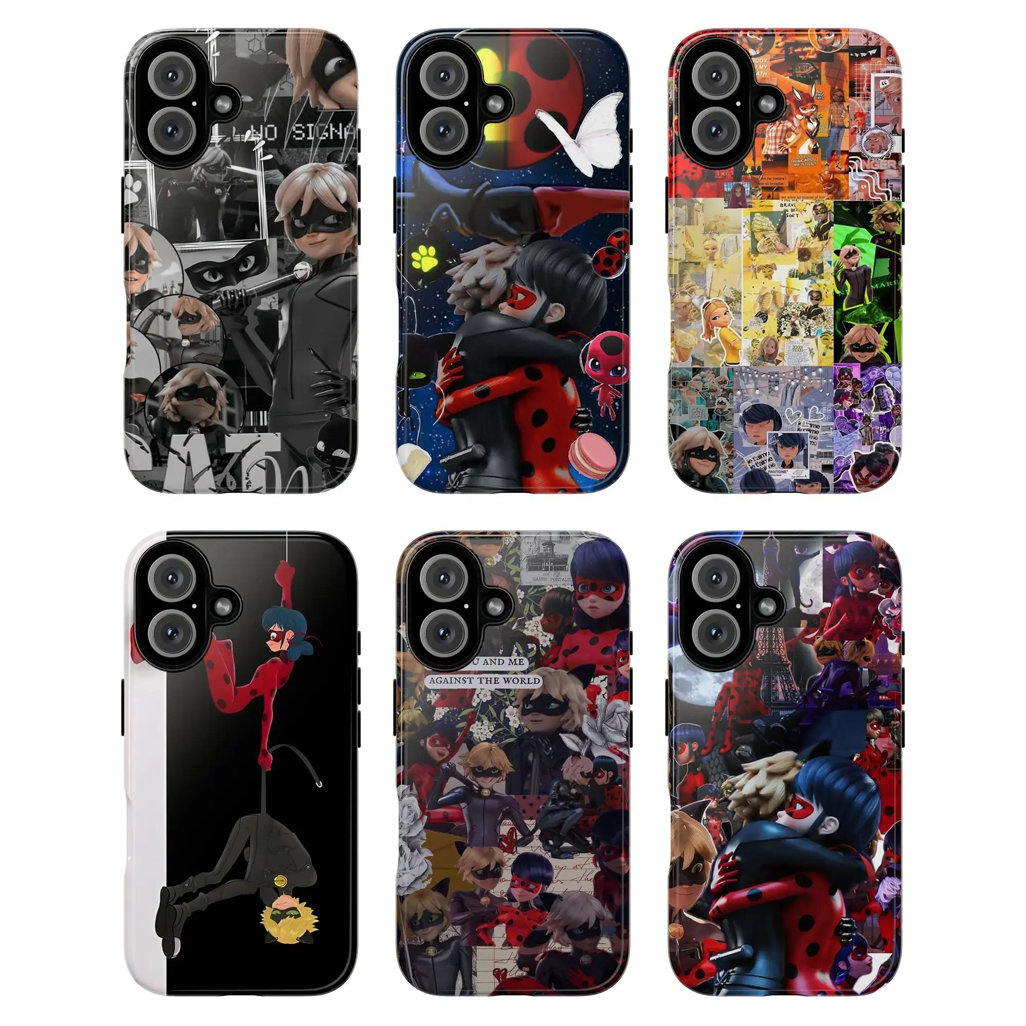 Miraculous Ladybug & Cat Noir Durable Phone Shell, Red Black Paris Eiffel Tower Collage with Hearts, Butterflies, Yo-Yo Weapon - Retro Anime Art Style, Shock Resistance for iPhone 17-11 Pro Max/Plus, Samsung Galaxy S23 Series