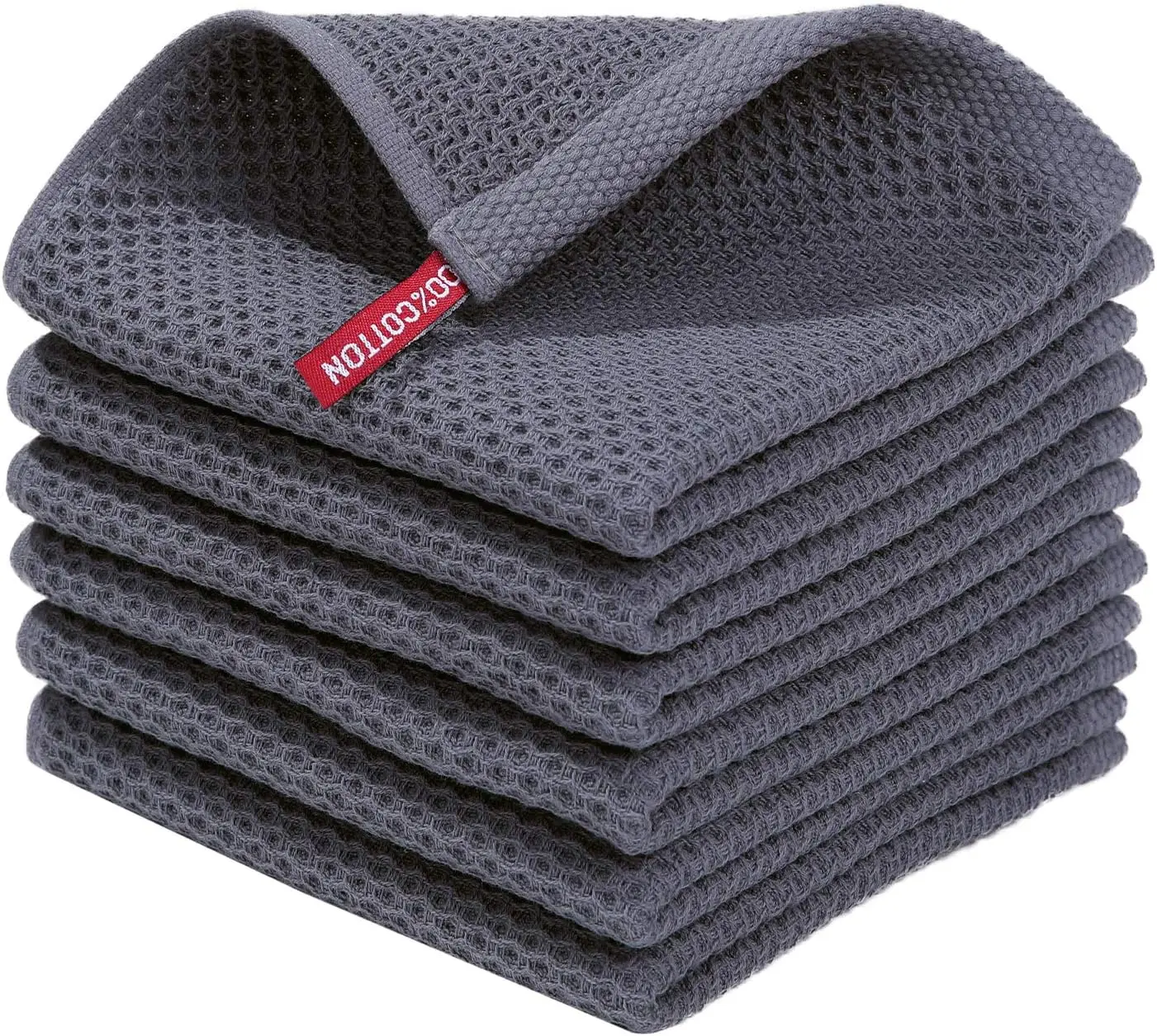 100% Cotton Waffle Weave Cleaning Dish Cloths, Ultra Soft Absorbent Quick Drying, 12x12 Inches, 6-Pack, Dark Grey