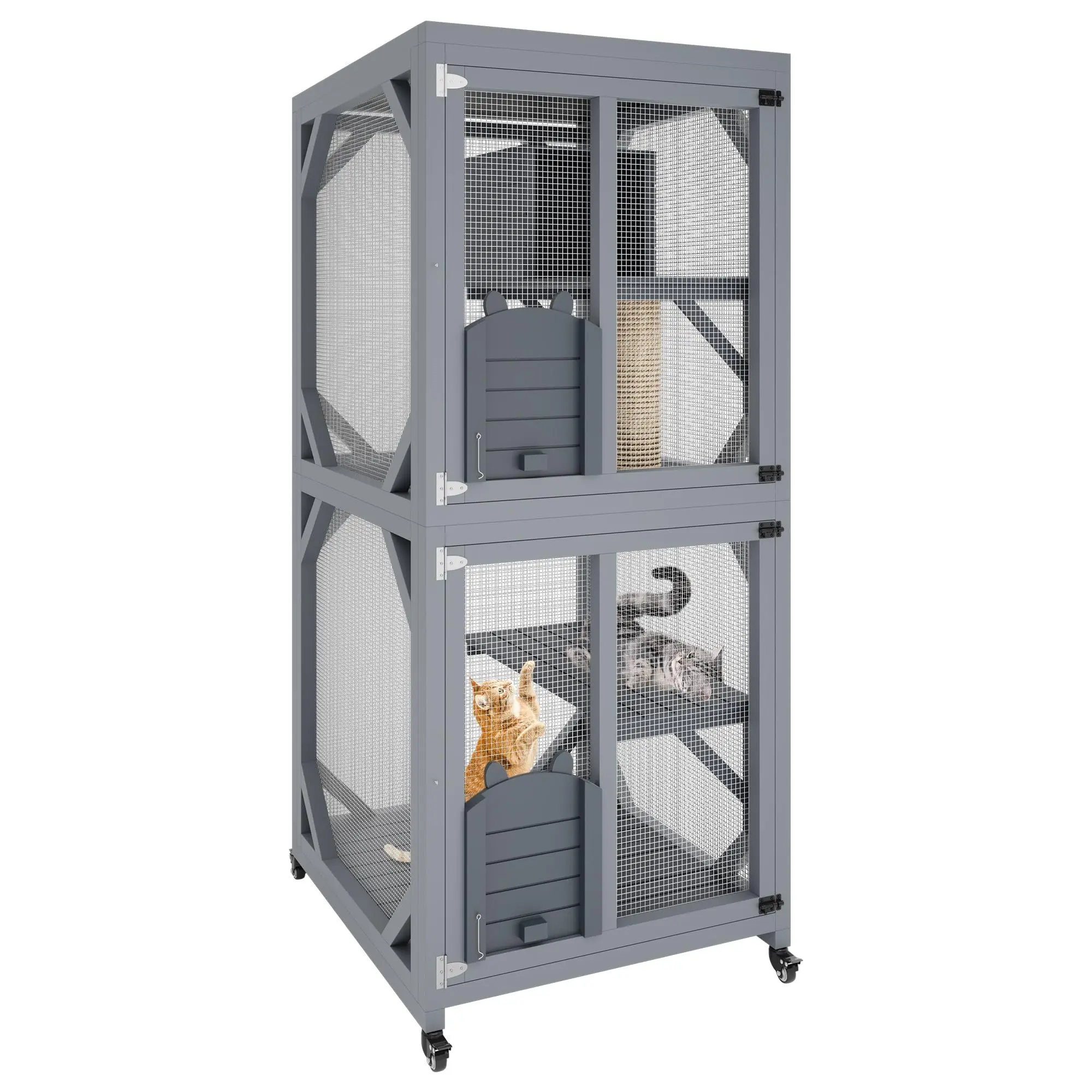 68" Catio Outdoor Cat Enclosure with Window, Waterproof Roof Cattery with Bridge and Scratching Post Outdoor Catio Enclosure,Grey