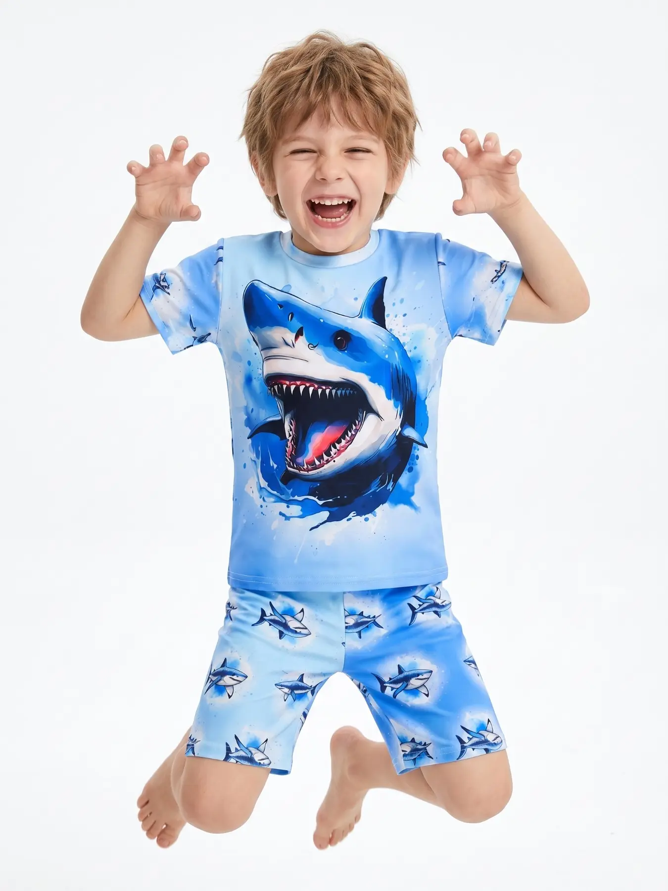 Two-Piece Boy Shark Pajama Set, Pajama Outfit, Summer Pjs Soft Skin-Friendly Cartoon Pattern, Round Neck T-Shirt with Elastic Waist Shorts, Ages 3-10