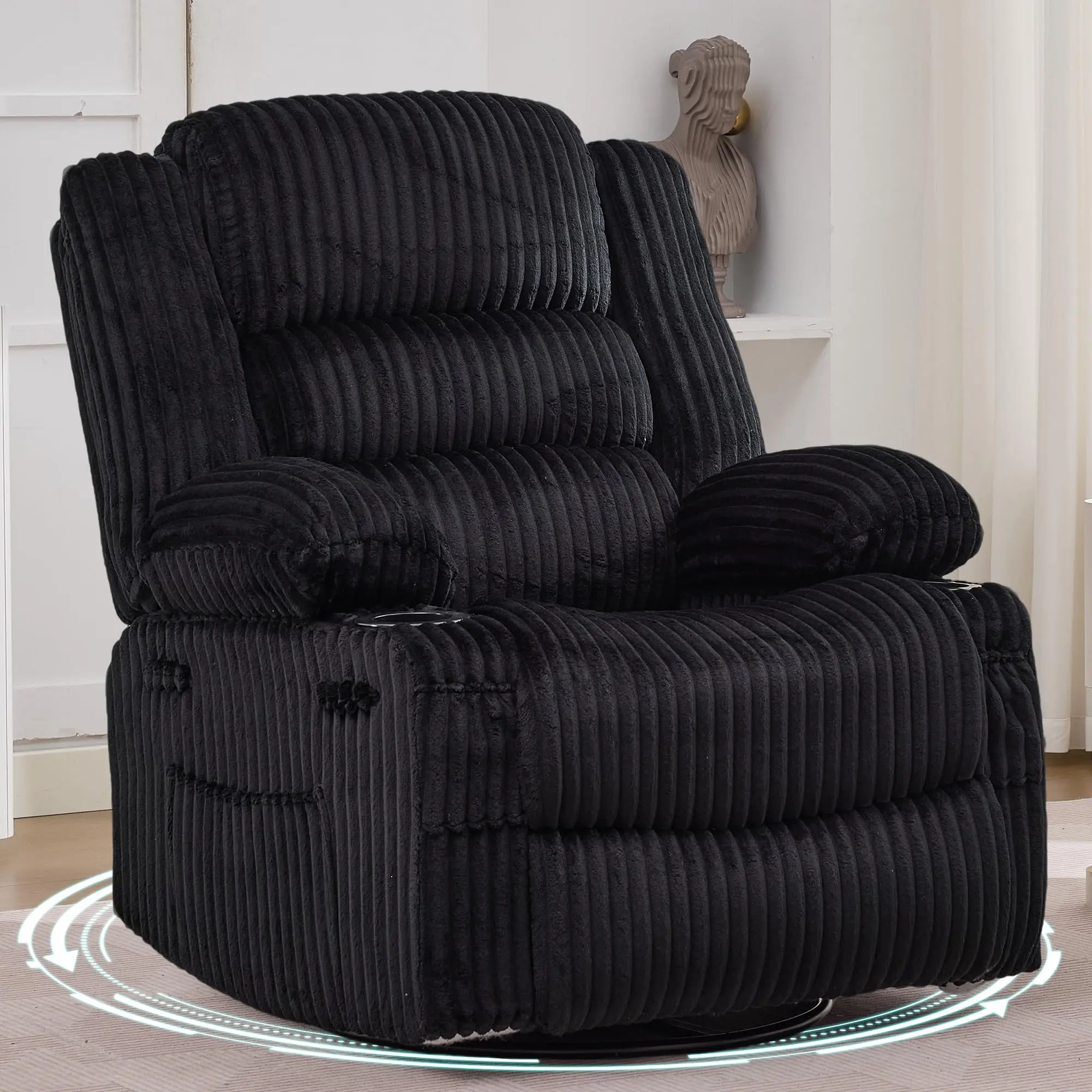 360° Swivel Rocking Recliner Chair,Corduroy Upholstered Glider with Cup Holder,Deep Wide Seat,Modern Lazy Chair for Living Room Bedroom Reading Nook