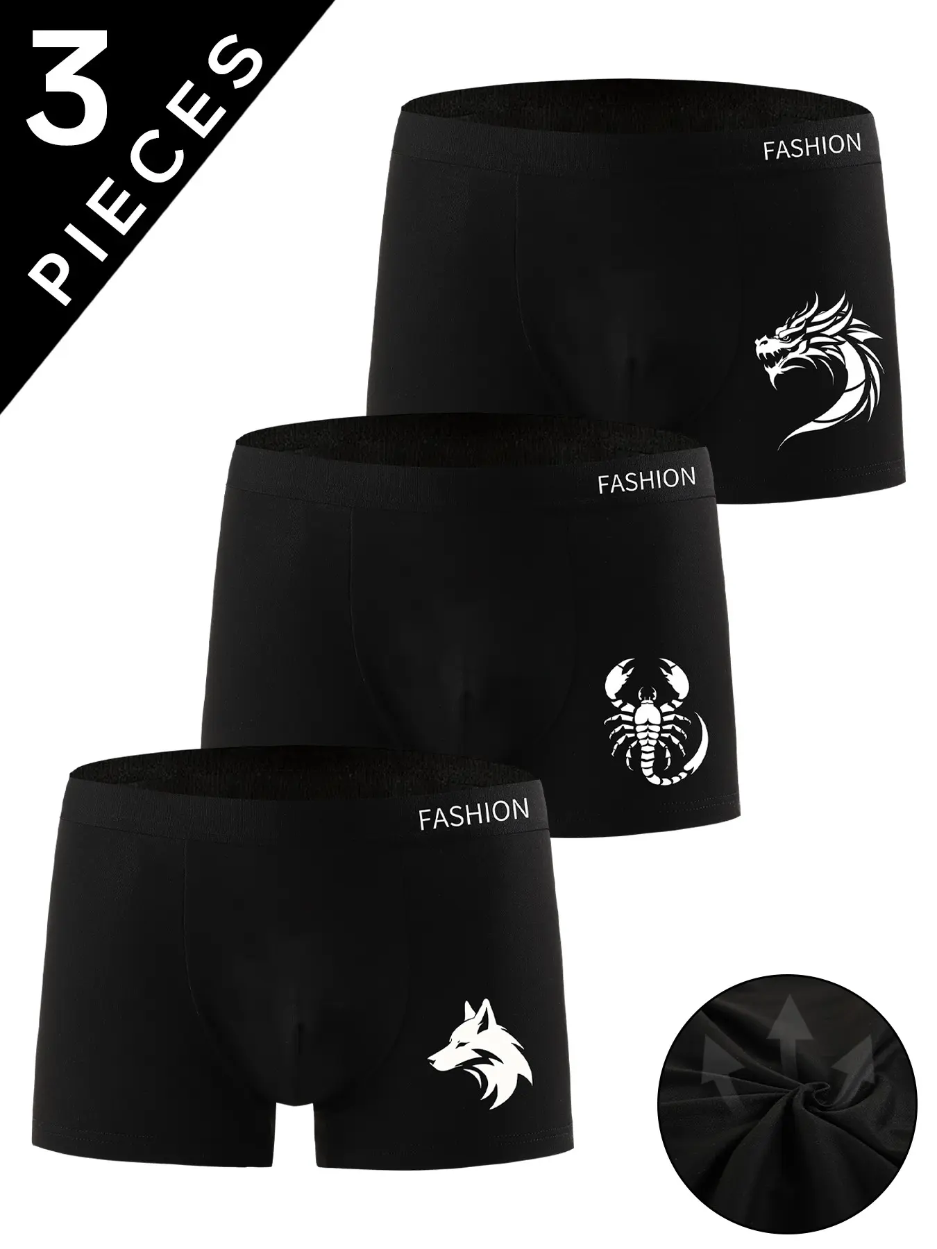Men's Comfortable Plain Briefs, Fashion Letter Print Waistband, Dragon Scorpion Wolf Pattern, Lightweight Underwear, Casual All-Season Wear