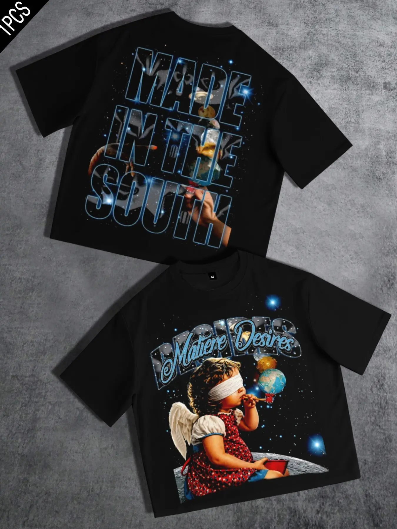 Blindfolded Angel Little Girl Starry Sky Short Cotton T-Shirt for Men and Women, Matiere Desires Letter Print Men's T-Shirt, Large Letter Casual Summer Top, Black Loose Street Fashion Short Sleeve Men's Y2K