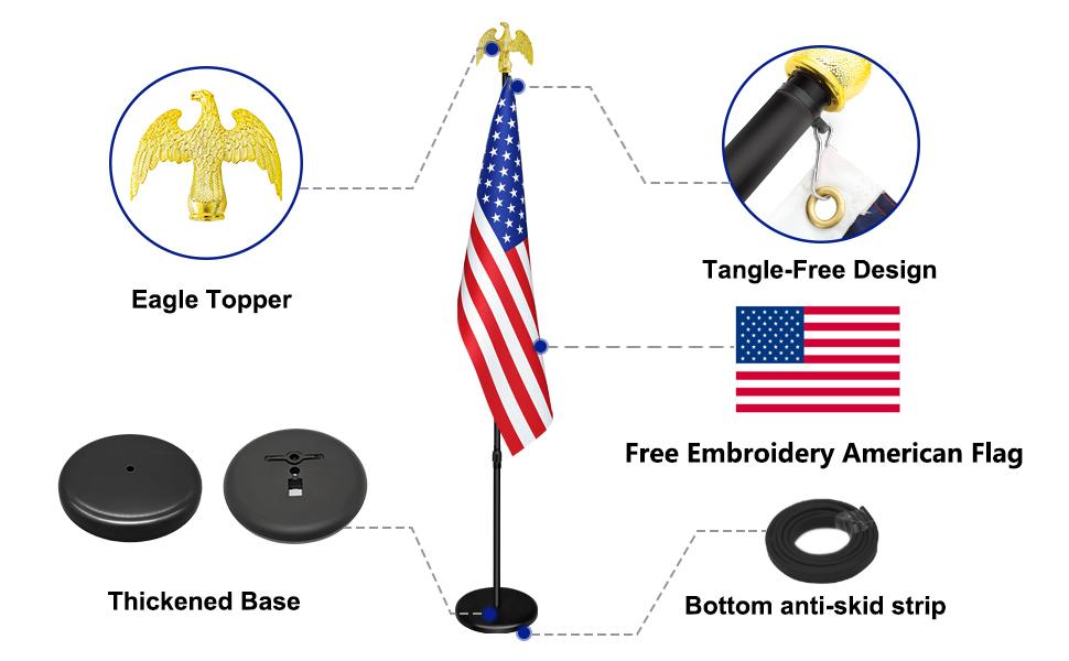 Indoor Flag Pole Kit with Base and Topper 6ft-8ft,Aluminum Flagpole Indoor for Office,School,City Hall Indoor Flag Pole and Stand