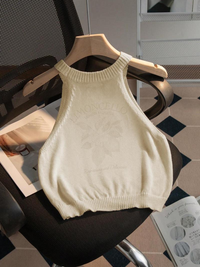 Women's Lemon Print Round Neck Crop Sweater Vest, Casual Sleeveless Knit Tank Top for Summer, Fashion Women's Knitwear for Daily Wear