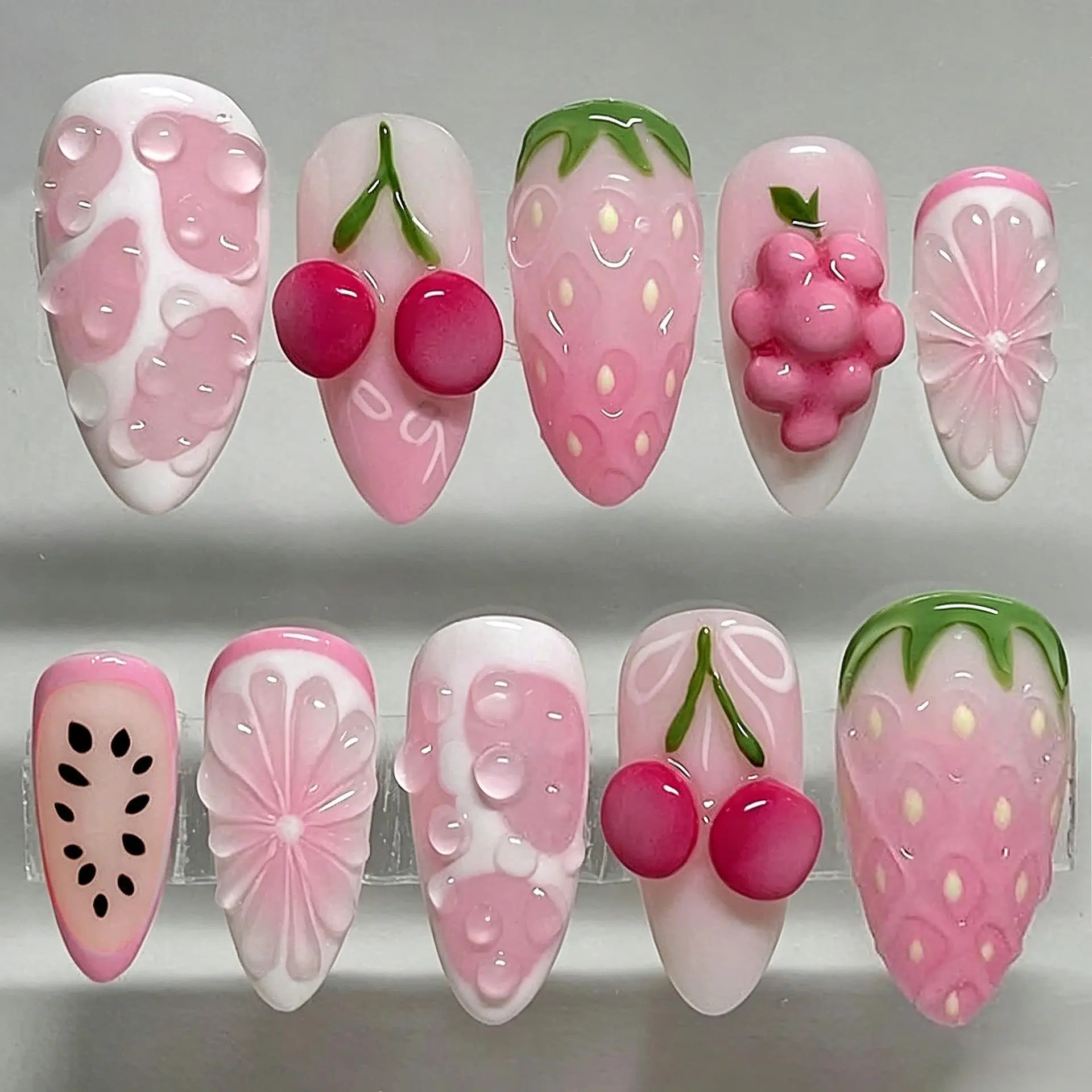Y2K Baddie Summer Viral Press On Nails 30 Pieces 3D Grape Cherry Strawberry Almond Shape Pink Sweet Cool Reusable Acrylic Fake Nails Natural Fit For Women Vacation Daily Party Wear Main Character Energy